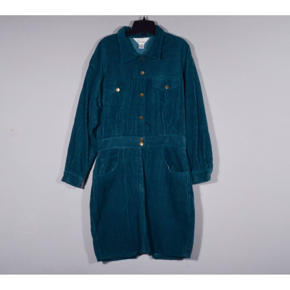 Vintage QS International Dark Turquoise Corduroy Chore Shirt Dress - Sz 17/18